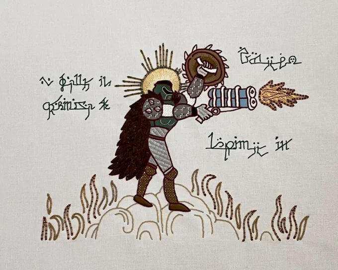 DOOM Slayer embroidery, shooting at an enemy off-tapestry. 