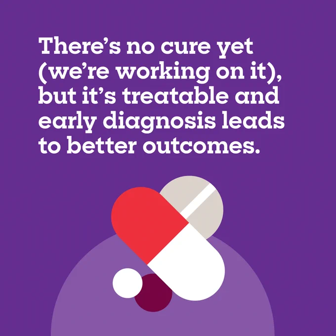 Graphic with a purple background featuring a large pill capsule that says 'there's no cure yet, we're working on it, but it's treatable and early diagnosis leads to better outcomes'