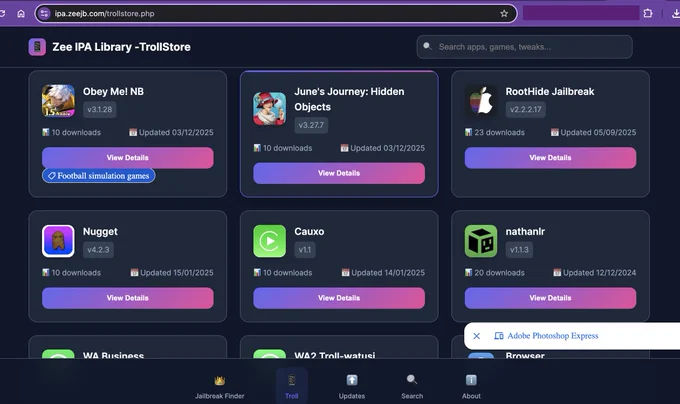 Zee iPA Library: TrollStore iPA's Updated 🎃

Download iPA files free - https://ipa.zeejb.com/trollstore.php

#TrollStore #Online #Download #iPA #library


