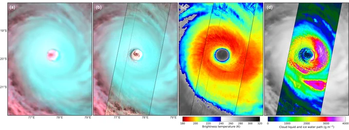 Credit: Sebastian Bley, TROPOS
Image: Tropical Cyclone Vince, as seen by EarthCARE
The image shows Tropical Cyclone Vince, captured over the South-West Indian Ocean on 7 February 2025 by the multispectral imager (MSI). MSI is one of the four instruments carried by ESA’s EarthCARE satellite, providing images at 500 m ground sampling distance over a 150 km wide swath.

MSI provided invaluable insights into Vince’s structure, and the optical and microphysical properties of the associated cumulonimbus cloud.

MSI recorded a remarkable cloud top minimum temperature of 192 K (-81oC, (c)). The cloud liquid and ice water path retrieved from the Cloud Optical and Physical Properties products reaches values up to 4000 g m⁻², indicating an extremely high water content (d). Values exceeding 3000 g m⁻² are rare and generally associated only with intense tropical systems, such as Cyclone Vince.