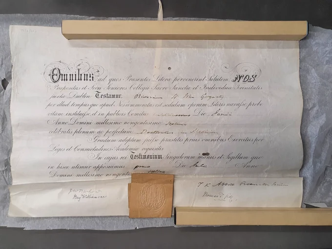 Oliver St John Gogarty's degree certificate (Doctor in Medicine) issued by the University of Dublin, 1907