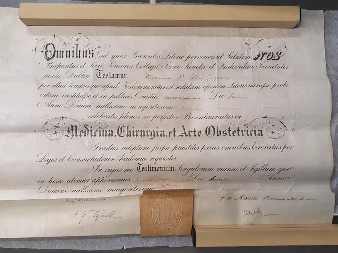 Oliver St John Gogarty's degree certificate (surgery and obstetrics) issued by the University of Dublin, 1907