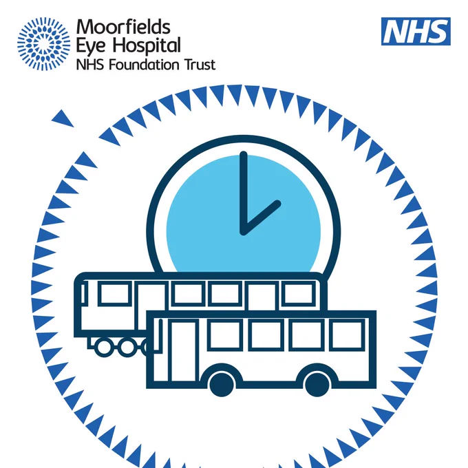 Blue and white graphic illustration of a London Underground tube, a bus and a clock. The graphic also has the Moorfields Eye Hospital and NHS logos on.