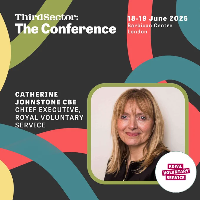 Photo of Catherine Johnstone CBE, CEO of Royal Voluntary Service on promotion of the Third Sector conference, taking place on 18-19 June 2025 at the Barbican Centre, London.