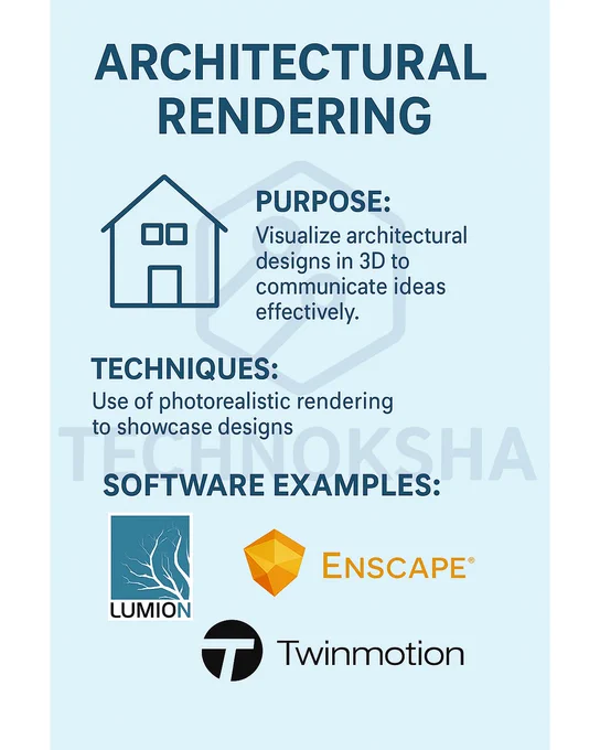 Poster showing the purpose and techniques of architectural rendering, with logos of Lumion, Enscape, and Twinmotion placed on a background of a photorealistic 3D building render.

By Technoksha
