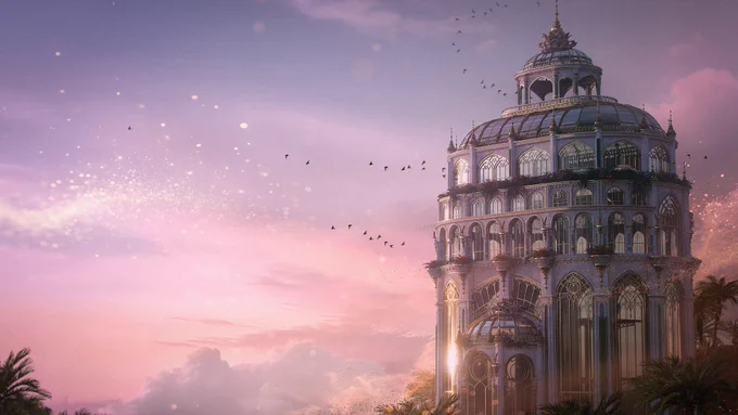 A palace bathed in soft pink and lavender light, with birds circling above and sparkles drifting through the sky.