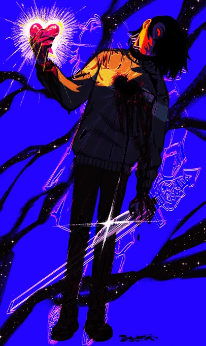 fanart of kris dreemurr from deltarune. they stand, leaning with their head tilted. they hold the glowing red soul in one hand tightly, and a kitchen knife in the other. the front of their sweater is stained with blood. a faint outline of their dark world form glows behind them, holding a sword. the background is blue with smoky cracks of black and faint stars. end ID.