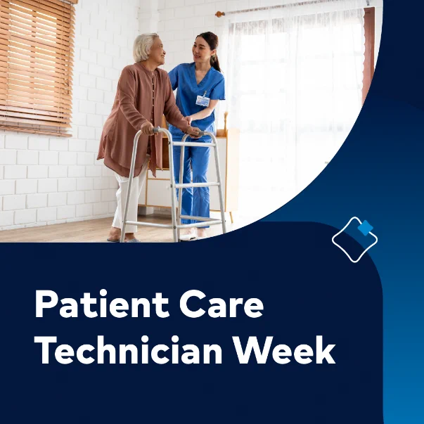 Certified nursing assistant providing care to a patient with, “Patient Care Technician Week”