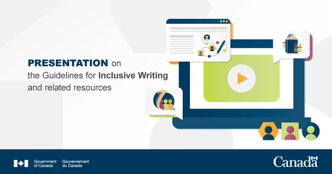 A computer screen with three images around it. The images represent the inclusive writing guidelines and resources, the Inclusionary and the Guide on Equity, Diversity and Inclusion Terminology, respectively. At the bottom of the screen are three profile icons in different colours. The text reads as follows: Presentation on the Guidelines for Inclusive Writing and related resources.