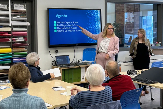 Dr. Janette Hughes welcomed more than 30 members of the Oshawa and Durham Central PROBUS Clubs to the STEAM 3D Maker Lab for an interactive session with tips on how to detect, avoid, and report online scams.
