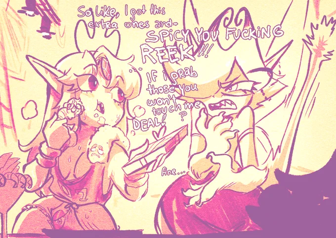 a sweaty Spicy on set offering an extra Suckle panty to the Junie fairy, who takes them under the condition Spicy doesn't get any closer