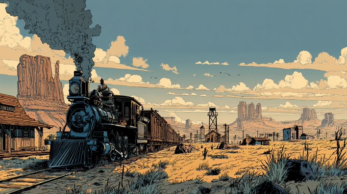 A panoramic illustration in bande dessinée style a steam locomotive chugs across the vast, open terrain of the American West, trailing smoke under a wide, cloud-streaked sky the train approaches a small, sleepy frontier town in the distance, with a humble wooden station, water tower, and a few scattered buildings desert scrub, distant buttes, and telegraph poles line the tracks rendered with clean ink lines, vibrant flat colors, and exaggerated perspective evocative of Jean Giraud’s Western works, with dramatic scale, cinematic framing, and a strong sense of movement and solitude