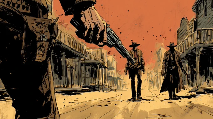 A dramatic Western duel illustrated in the style of classic bandes dessinées bold ink lines, vibrant flat colors, expressive characters in the foreground, a close-up of a cowboy’s hand poised over his holstered pistol, fingers twitching in the background, his adversary stands in full view on the dusty main street of a sleepy Old West town exaggerated perspective, stylized motion lines, dramatic poses, dynamic panel composition, reminiscent of works by Jean Giraud (Moebius) or Hermann