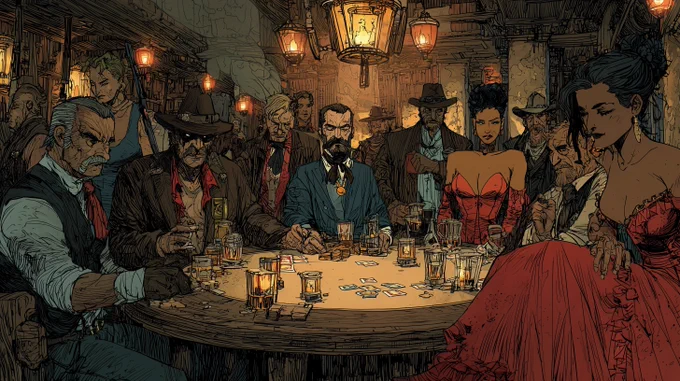 A richly illustrated Western saloon scene in bande dessinée style inside a smoky, lantern-lit saloon, a tense poker game unfolds between elegant, well-dressed gentlemen and a rugged, unshaven outlaw the table is cluttered with cards, whiskey glasses, and scattered coins surrounding the scene are saloon girls in colorful, corseted dresses, leaning in as curious onlookers detailed wood textures, expressive faces, bold ink outlines, vivid flat colors, dynamic composition reminiscent of Jean Giraud or François Boucq stylized yet atmospheric, full of character and tension