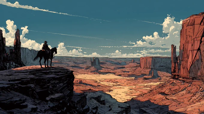 A lone cowboy on horseback atop a high plateau, overlooking a vast, sunlit valley inspired by Monument Valley and the Grand Canyon dramatic cliffs, layered red rock formations, and distant mesas under a wide blue sky. Rendered in the intricate, cinematic style of classic French or Belgian bandes dessinées such as Blueberry or Comanche rich linework, detailed ink shading, and vibrant, slightly desaturated colors. A grand sense of scale, evoking solitude and epic adventure graphic novel aesthetic