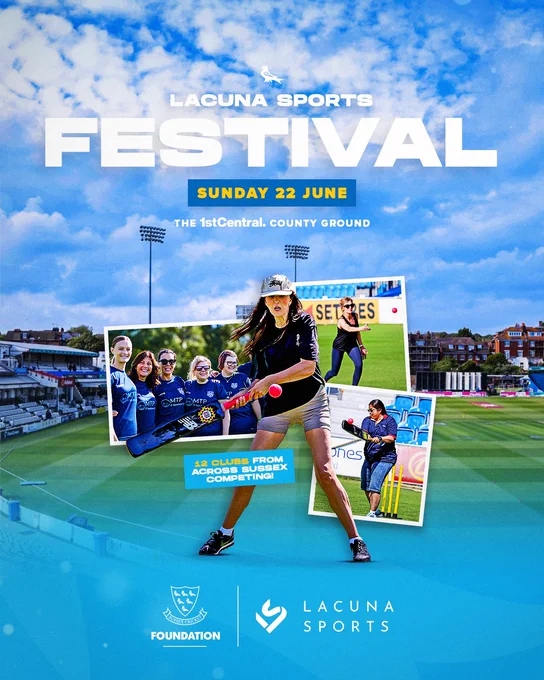 Lacuna Sports Festival - Sunday 22 June, The 1st Central County Ground. 12 Clubs from across Sussex competing!

Image shows a woman hitting a pink soft ball with several images behind of women playing soft ball cricket and a team image, layered on top of an image of The 1st Central County Ground. 

Below are the SCF and Lacuna Sports logos on a cyan blue gradient.