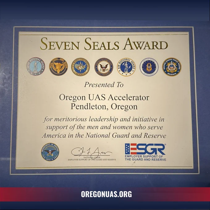 A close-up of the Seven Seals Award presented to the Oregon UAS Accelerator by the Employer Support of the Guard and Reserve (ESGR), recognizing meritorious leadership and initiative in support of National Guard and Reserve members.

