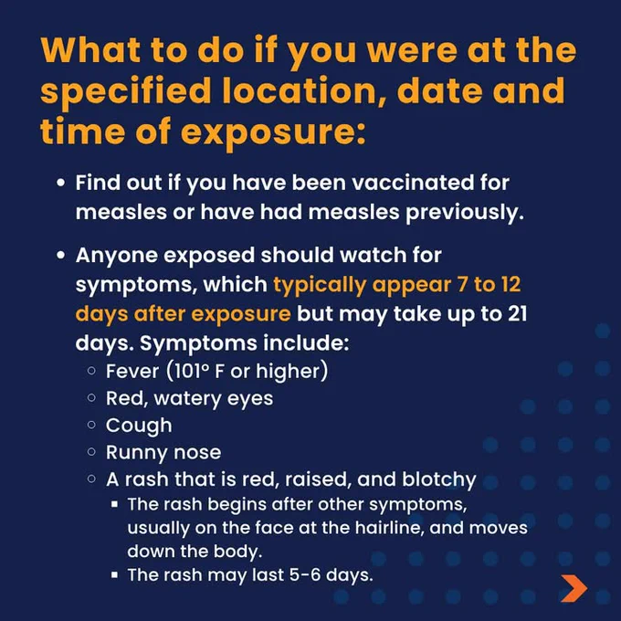 Informative graphic about what to do if you have been exposed to measles, including symptom details and incubation period.
