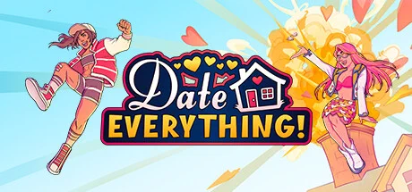 Key Art for Date Everything showing a character jumping off a roof while another character sits on the chimney stack watching with an explosion of fire behind them. 