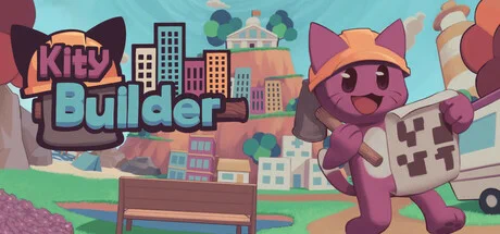 Key art for Kity Builder showing a purple cat wearing a safety helmet and carrying a hammer and paper with blueprints on. They're walking away from a city built into a hillside. 