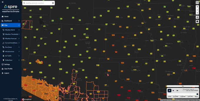 A snapshot from DeepVision shows heat indices (in ºF) for the US on Monday afternoon.