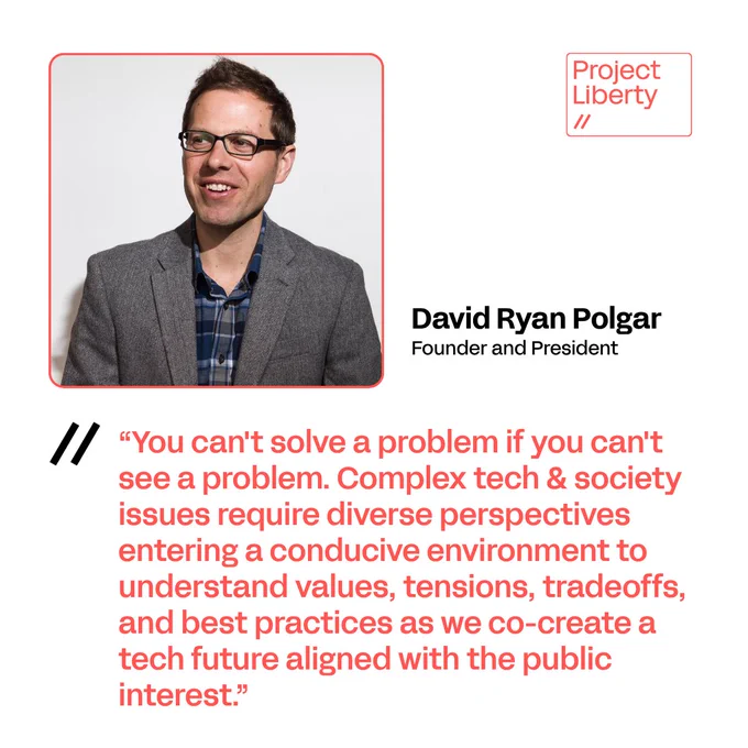 Graphic with photo and quote from All Tech Is Human president and founder, David Ryan Polgar: "You can't solve a problem if you can't see a problem. Complex tech & society issues require diverse perspectives entering a conducive environment to understand values, tensions, tradeoffs, and best practices as we co-create a tech future aligned with the public interest."