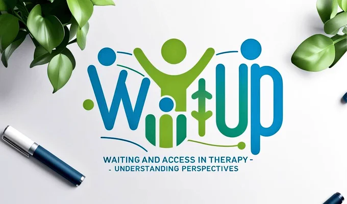 The image shows an AI generated logo, with the text 'WAIT UP: waiting and access in therapy - understanding perspectives'. The text is in shades of green and blue, with images of people in the middle of the logo. There is greenery in the top left and right hand corners and a pen in the bottom left hand corner.