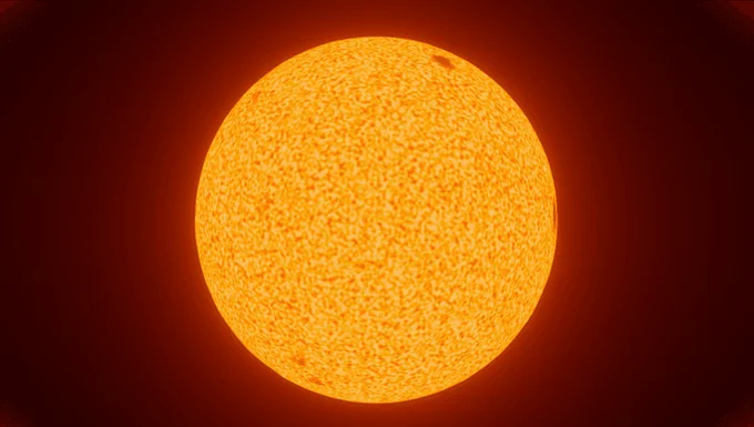 Illustration of a K-type main-sequence star emitting a bright orange-yellow light. The star's surface shows a textured appearance with a noticeable sunspot near the top, suggesting moderate magnetic activity.
