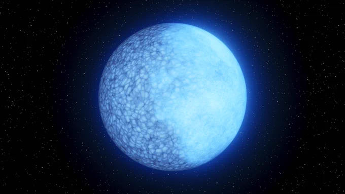 Artist’s illustration of a white dwarf star glowing with a pale blue hue against the backdrop of a star-filled black sky. The star’s surface has a mottled, textured appearance, suggesting intense heat and dense composition.
