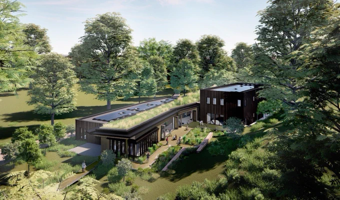 A rendering of the new education center, from a bird's eye view. 