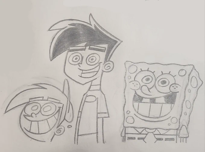 SpongeBob, Danny, and Timmy with giant grins on their faces
