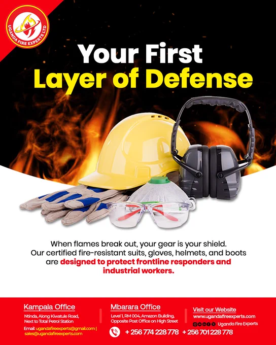 Your life, your shield. ⛑️ Uganda Fire Experts Ltd. offers essential fire-resistant gear for frontline responders and industrial workers. 
Don't compromise on safety! Get your certified safety gear, including suits, helmets, gloves, and boots, today. 



Contact us to get yours! 
📞‪ 256 774 228 778‬ / ‪ 256 701 228 778‬
🌐 http://ugandafireexperts.com

#UgandaFireExperts #FireSafety #FireExtinguisher #FirePrevention