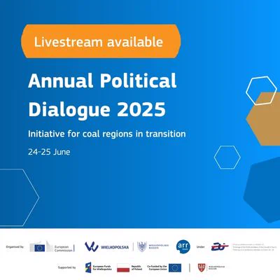 Livestream available. Annual Political Dialogue 2025 - Initiative for coal regions in transition 24-25 June .
At the bottom of the blue and orange visual there are 9 logos of the event partners.