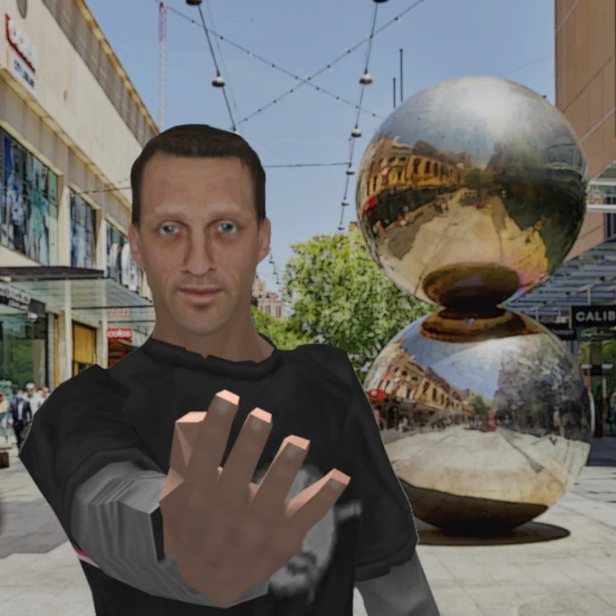 Tony Hawk in Rundle Mall holding up four fingers