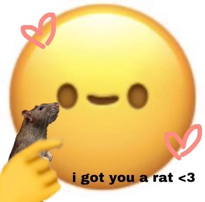 A large yellow smiley emoji offers you a chubby brown rat. Some RandomGhost via Pinterest.