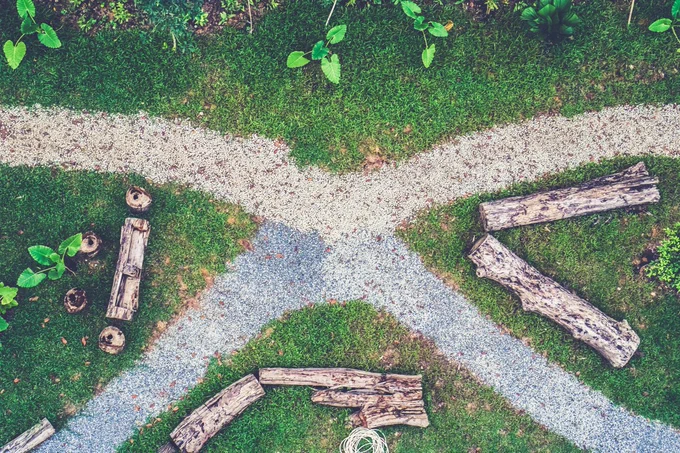 White paths cross on grass background. Image credit Mike Enerio