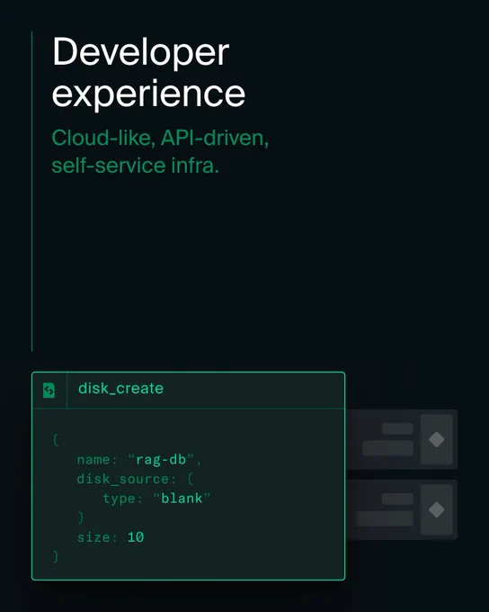 Code terminal showing disk_create API command with JSON parameters creating a 10GB disk named "rag-db", with text "Developer experience: Cloud-like, API-driven, self-service infra" above, and server hardware visible on the right side.