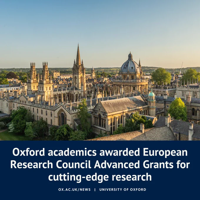 Aerial view of the University of Oxford with historic spires and domed structures under a clear sky. Text overlay mentions Oxford Research Council receiving advanced European research grants.