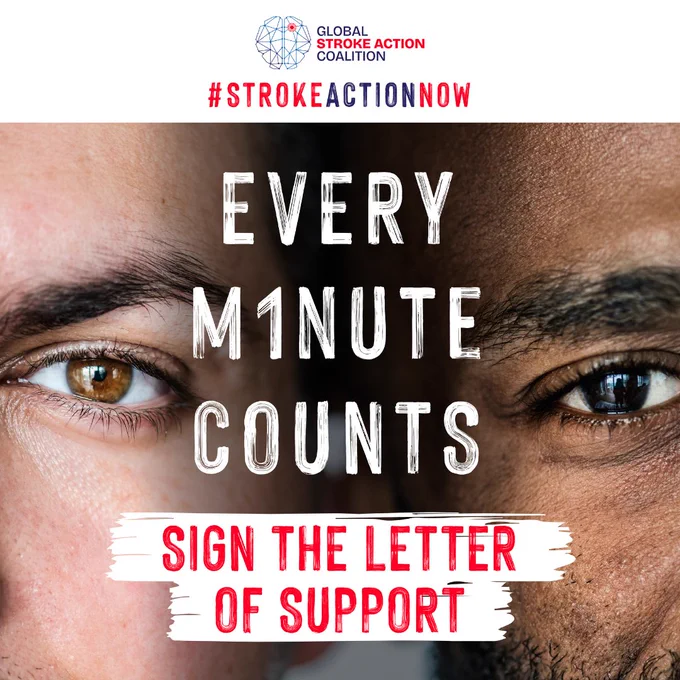 Close-up of two people's eyes with a text overlay reading 'Every Minute Counts' and 'Sign the Letter of Support' as part of the Global Stroke Action Coalition's #StrokeActionNow campaign.