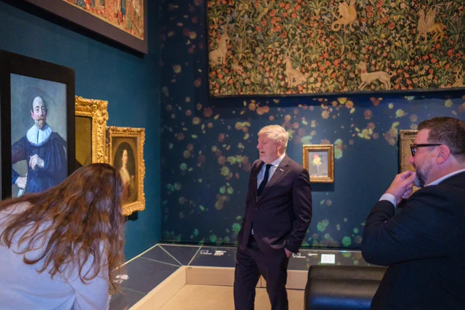 Culture Secretary Angus Robertson looking at art on display in the Burrell Collection. Photo credit: Stuart Hay, RIAS.