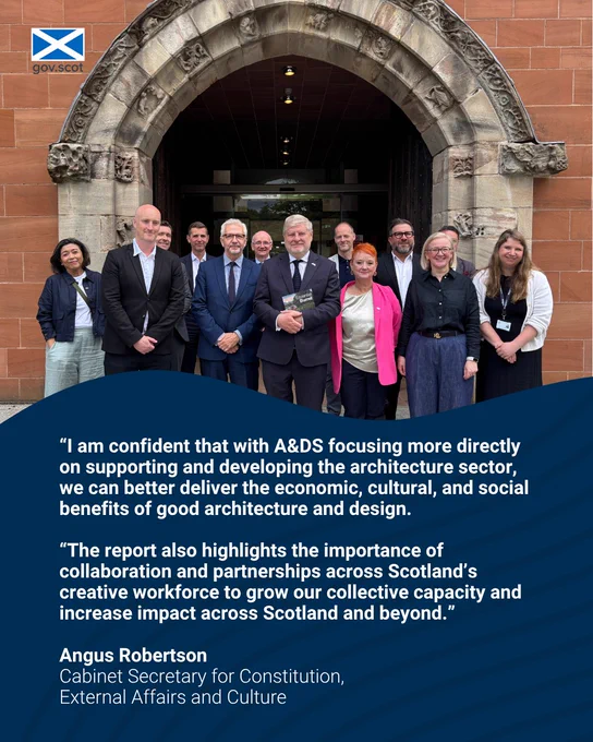 Group photo of Culture Secretary Angus Robertson with representatives from The Burrell Collection, Glasgow Life and Architecture & Design Scotland with quote that says:

“I am confident that with A&DS focusing more directly on supporting and developing the architecture sector, we can better deliver the economic, cultural, and social benefits of good architecture and design. 

“The report also highlights the importance of collaboration and partnerships across Scotland’s creative workforce to grow our collective capacity and increase impact across Scotland and beyond.”
