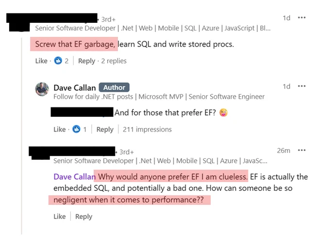 Response to Entity Framework post on LinkedIn