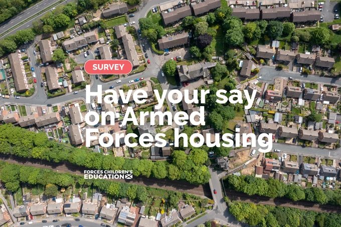 Aerial image of housing, featuring the words: Survey, Have your say on Armed Forces housing
