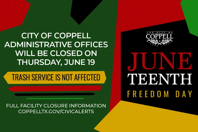 A simple graphic informing the audience of closures in observance of Juneteenth.