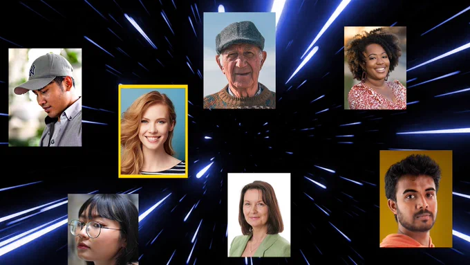 Photographs of 7 different people – various ages, ethnicities and genders. One person is highlighted in yellow.