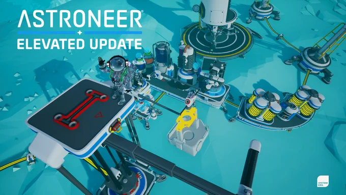 White text in the top right corner reads "Astroneer: Elevated Update." An overhead view of a small Astroneer base on Glacio, prominently featuring the new Stacked Platforms in the foreground. The Large Stacked Platform stretches high into the air to accommodate the Large Printer in action on the lower platform. An Astroneer decked out in the Diamond Set stands atop its highest point, waving to the camera. In the background, among other important pieces of the base, is an Extra Large Curved Platform housing two of the new Large Batteries, with an Oxygenator sandwiched between them. There is a white System Era logo in the bottom left corner of the image.