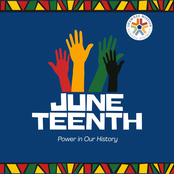 Logo of Shawnee Mission School District featuring five colorful raised hands and the text 'Juneteenth - Power in Our History' surrounded by a vibrant tribal pattern border.