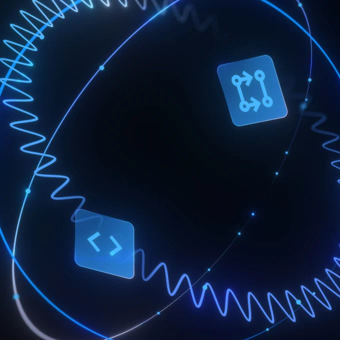 Abstract digital illustration with glowing blue lines, dots, and two floating icons: one resembling an atom with swirling orbits and another a code bracket.