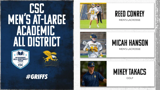 CSC Men's At-Large Academic All District graphic featuring Reed Conrey and Micah Hanson from Men's Lacrosse and Mikey Takacs from golf