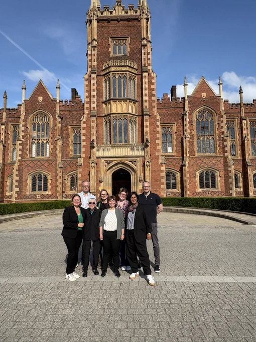 a portrait picture of Juliet Dryden, Cynthia Enloe, Kyle Grayson, Juanita Elias, Eve Harrison-Taylor and QUB staff.